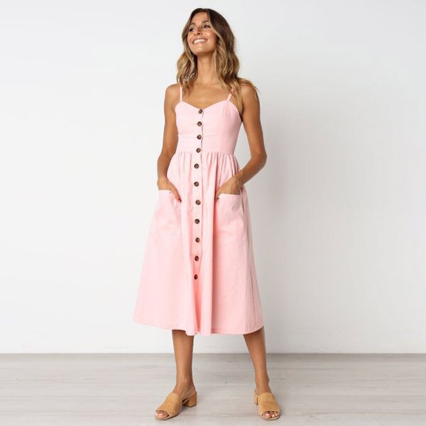 Button Down Women's Midi Dress with Pockets