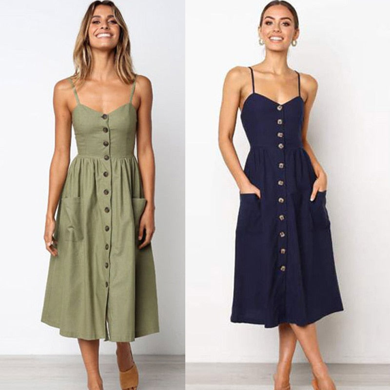 Button Down Women's Midi Dress with Pockets