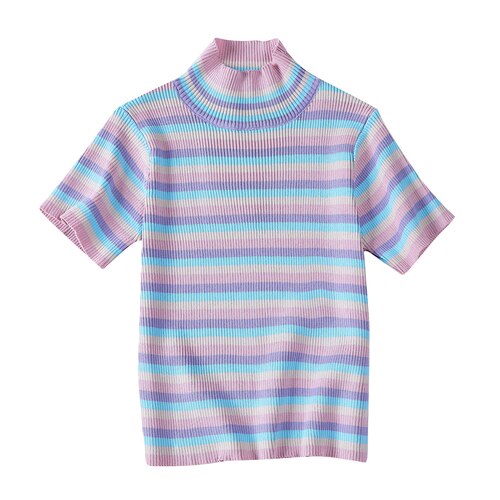 Women's Colorful Striped Crop Top with Stand Collar