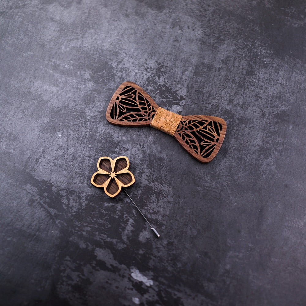 Men's Carved Flowers Wooden Bow Tie