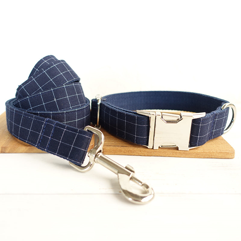 Blue Plaid Dog Collar and Leash Set