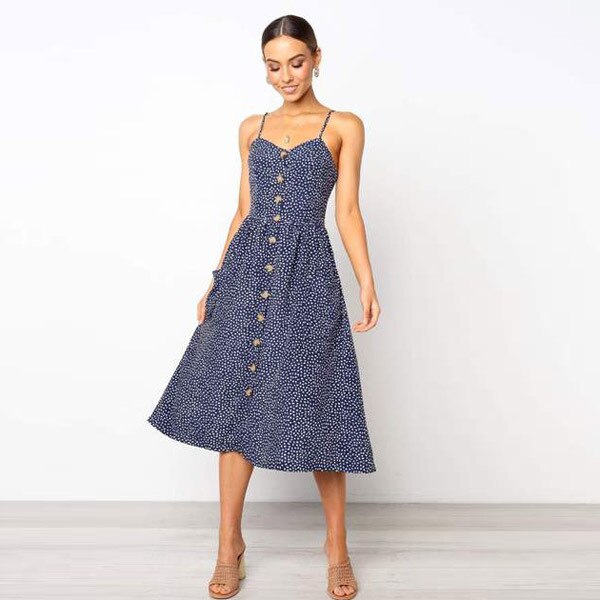 Button Down Women's Midi Dress with Pockets