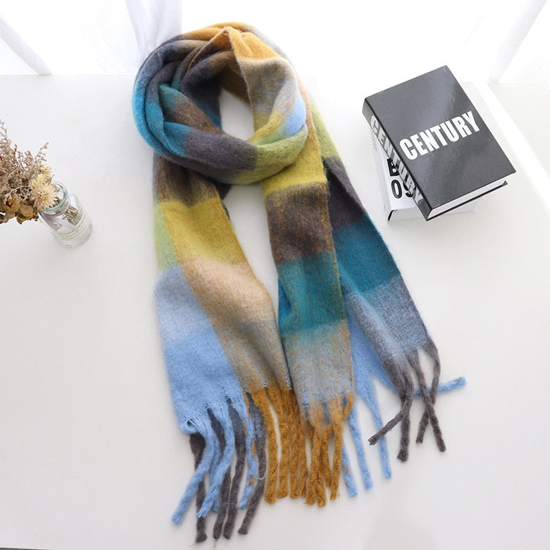 Women's Cashmere Plaid Printed Scarf with Tassels