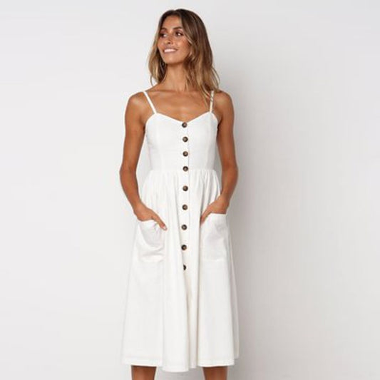 Button Down Women's Midi Dress with Pockets