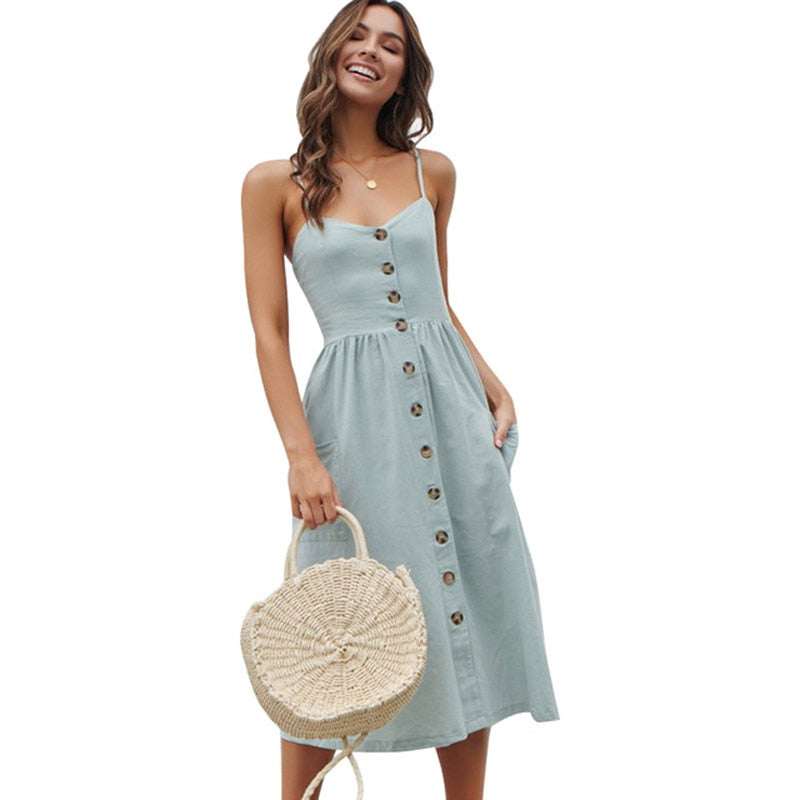 Button Down Women's Midi Dress with Pockets