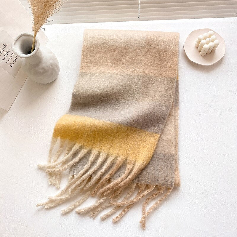 Women's Cashmere Plaid Printed Scarf with Tassels