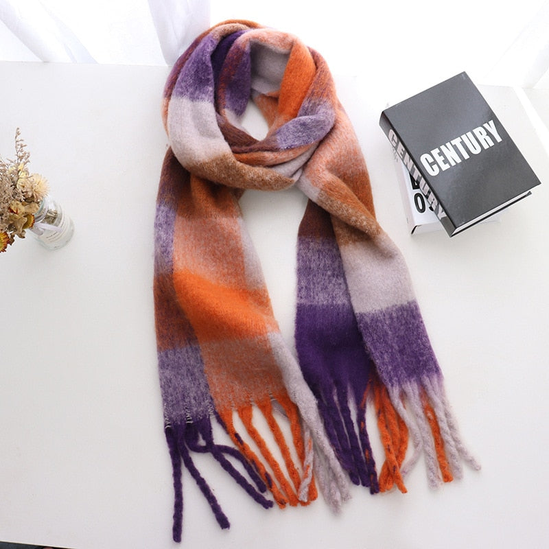 Women's Cashmere Plaid Printed Scarf with Tassels