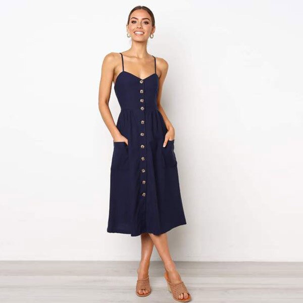 Button Down Women's Midi Dress with Pockets