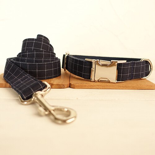 Blue Plaid Dog Collar and Leash Set