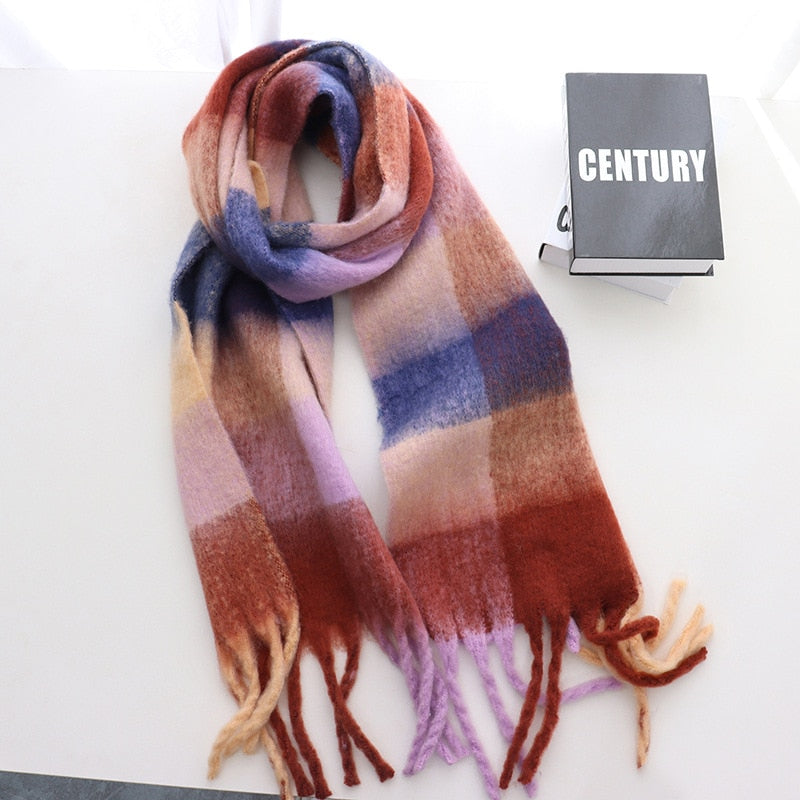 Women's Cashmere Plaid Printed Scarf with Tassels