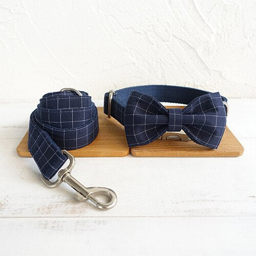 Blue Plaid Dog Collar and Leash Set