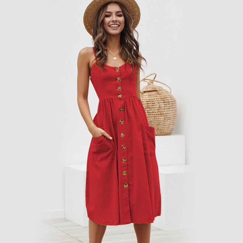 Button Down Women's Midi Dress with Pockets