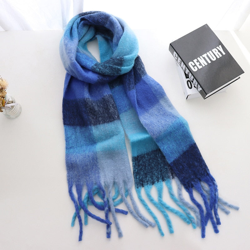 Women's Cashmere Plaid Printed Scarf with Tassels