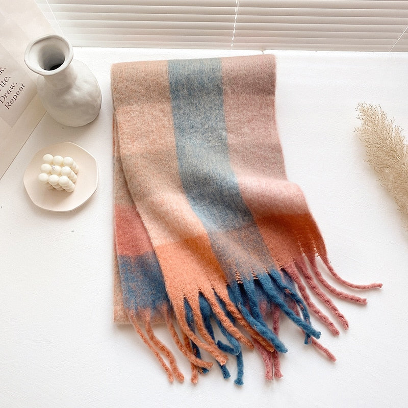 Women's Cashmere Plaid Printed Scarf with Tassels