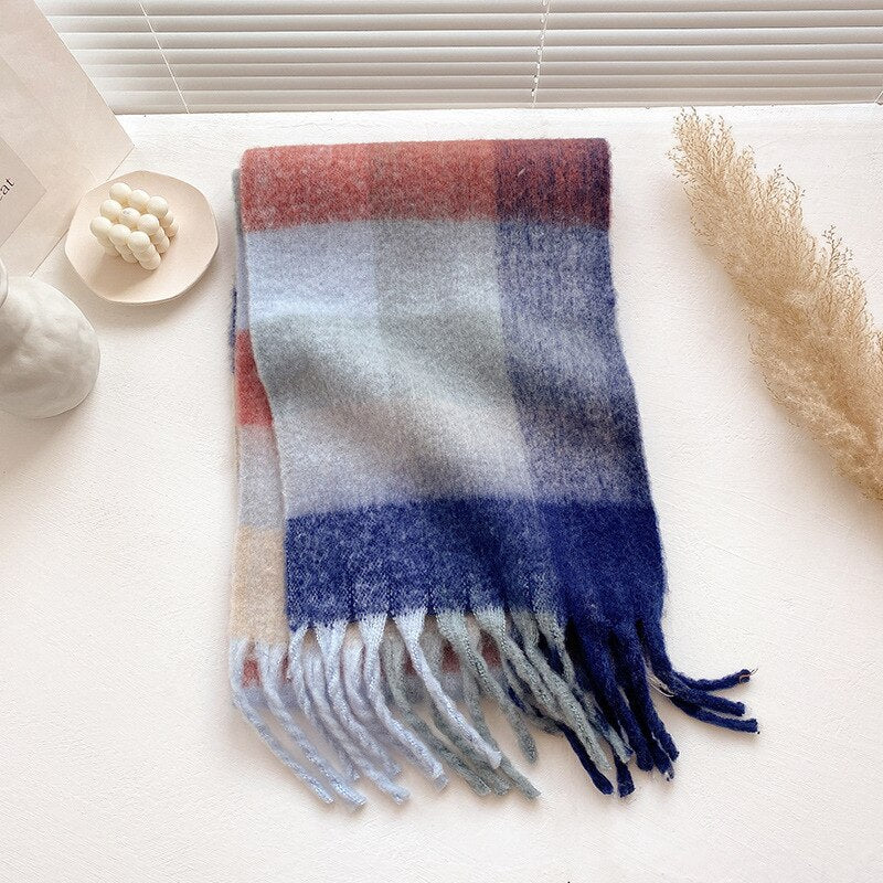 Women's Cashmere Plaid Printed Scarf with Tassels