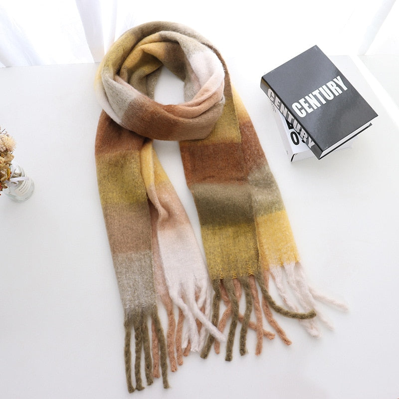 Women's Cashmere Plaid Printed Scarf with Tassels